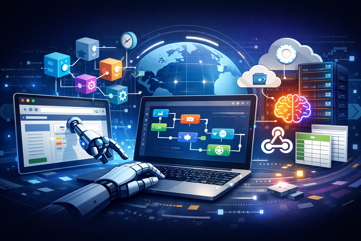 Illustration de l’automatisation navigateur avec Automa et des workflows no-code dans un navigateur web